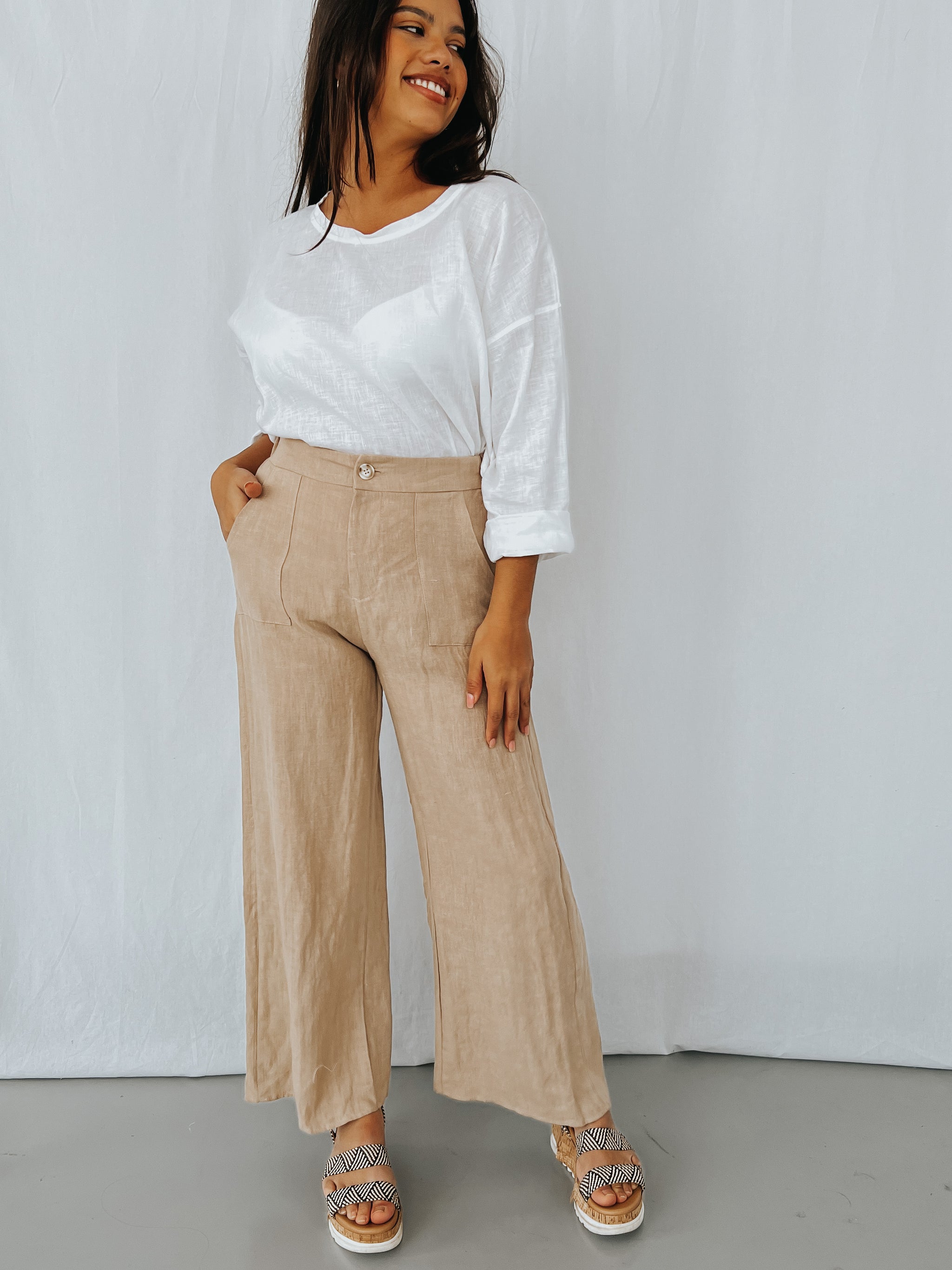 Camel linen pants shop